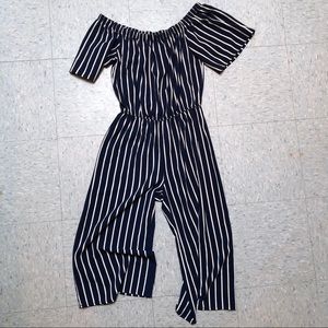 Navy blue & white off-the-shoulder jumpsuit.